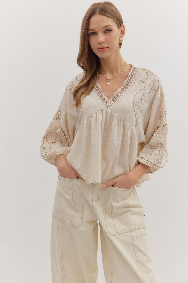 Vanna Embroidered Top, Ecru