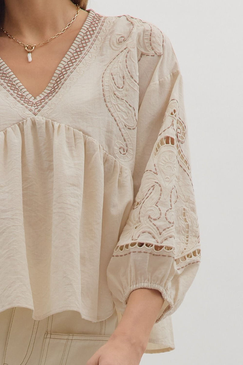 Vanna Embroidered Top, Ecru