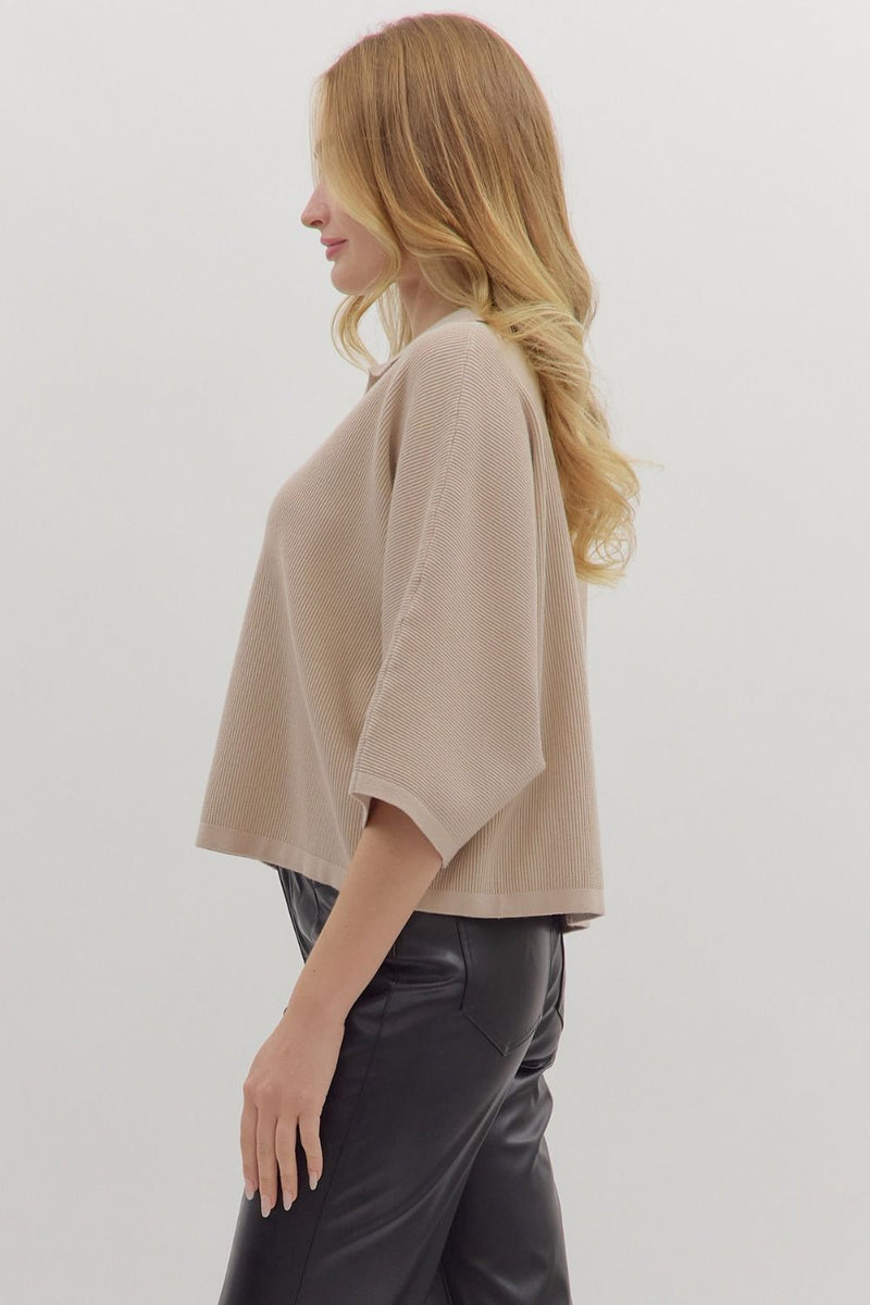 Jessica Collared Solid Knit Top, Stone