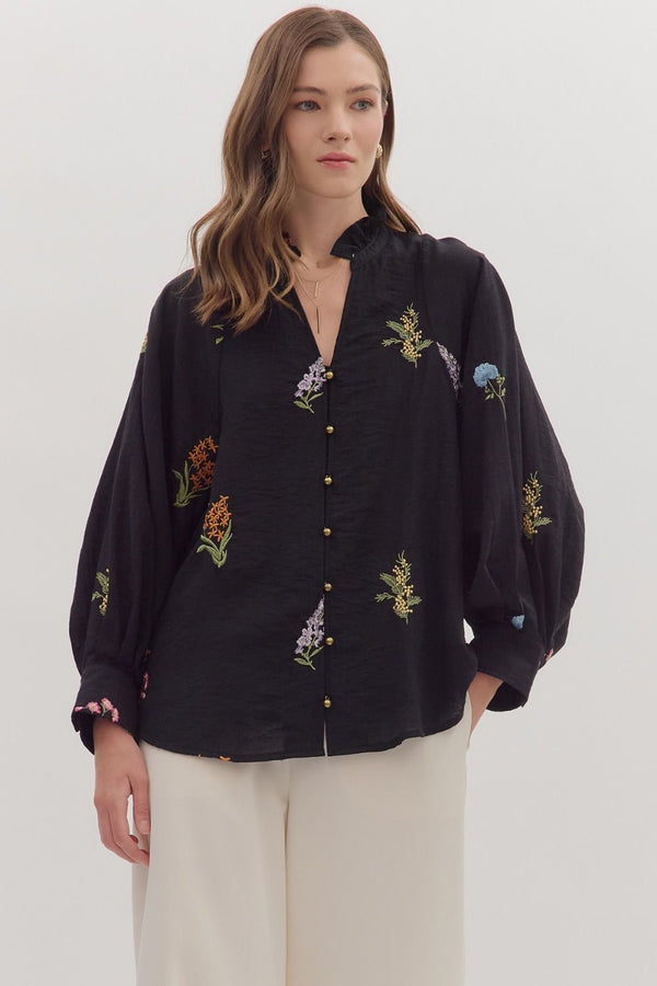Bethany Floral Embroidered Blouse, Black