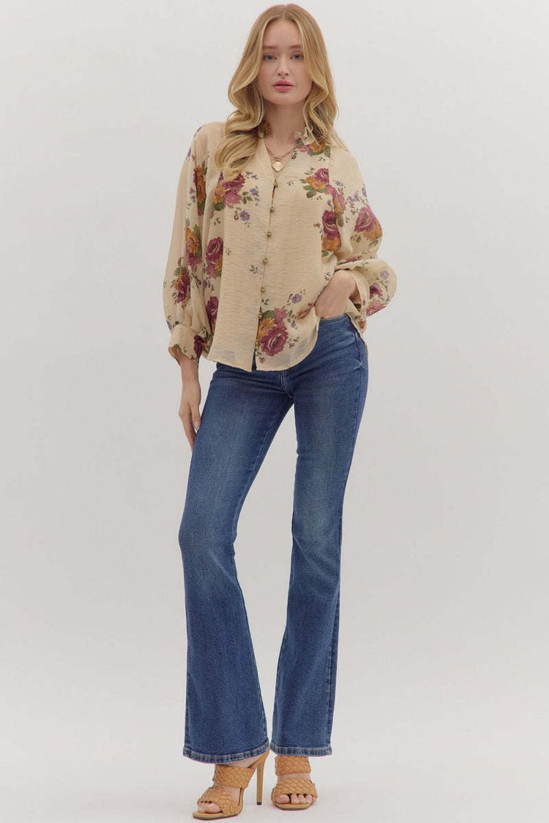Indy Floral Button Down Top, Ecru