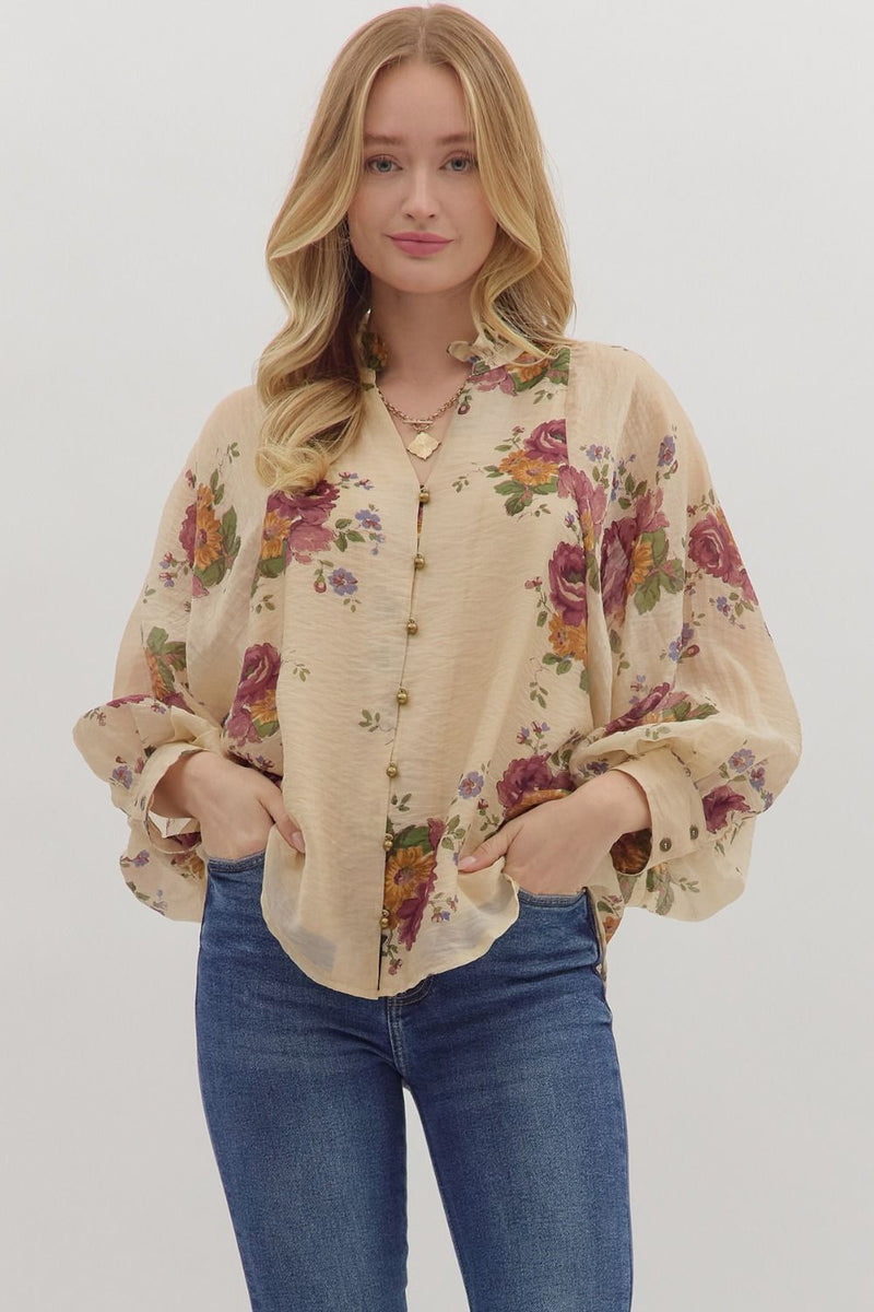 Indy Floral Button Down Top, Ecru
