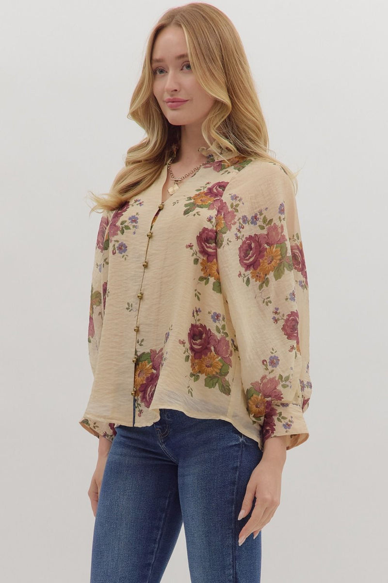 Indy Floral Button Down Top, Ecru