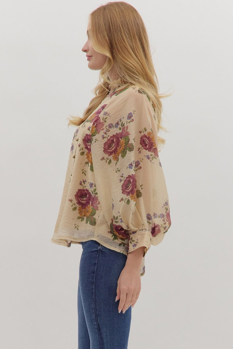 Indy Floral Button Down Top, Ecru