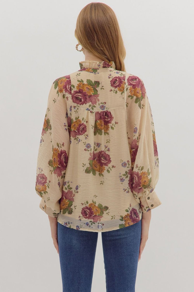 Indy Floral Button Down Top, Ecru