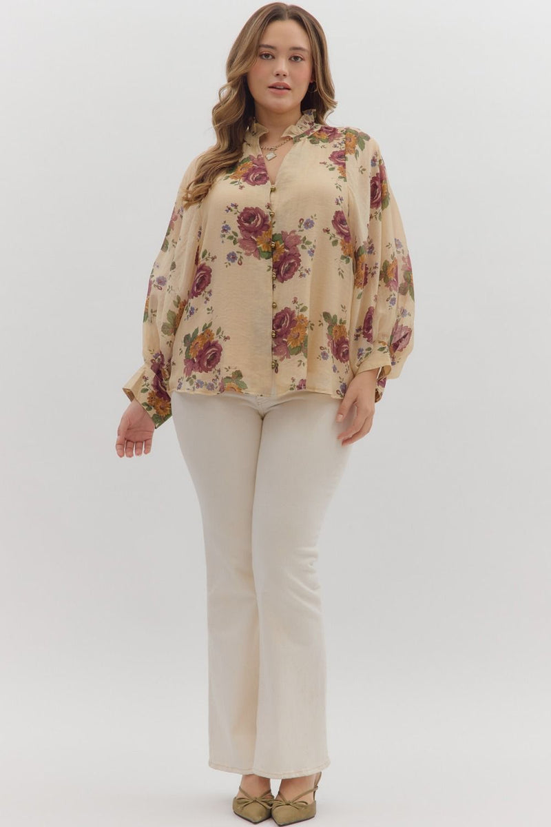 Indy Floral Button Down Top, Ecru | Extended Sizes
