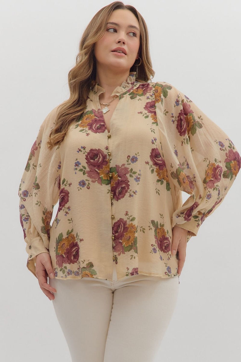 Indy Floral Button Down Top, Ecru | Extended Sizes