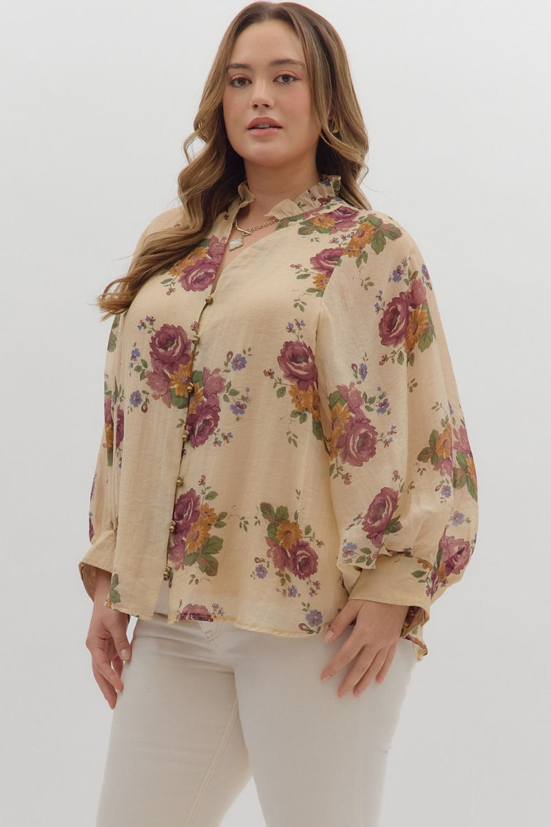 Indy Floral Button Down Top, Ecru | Extended Sizes