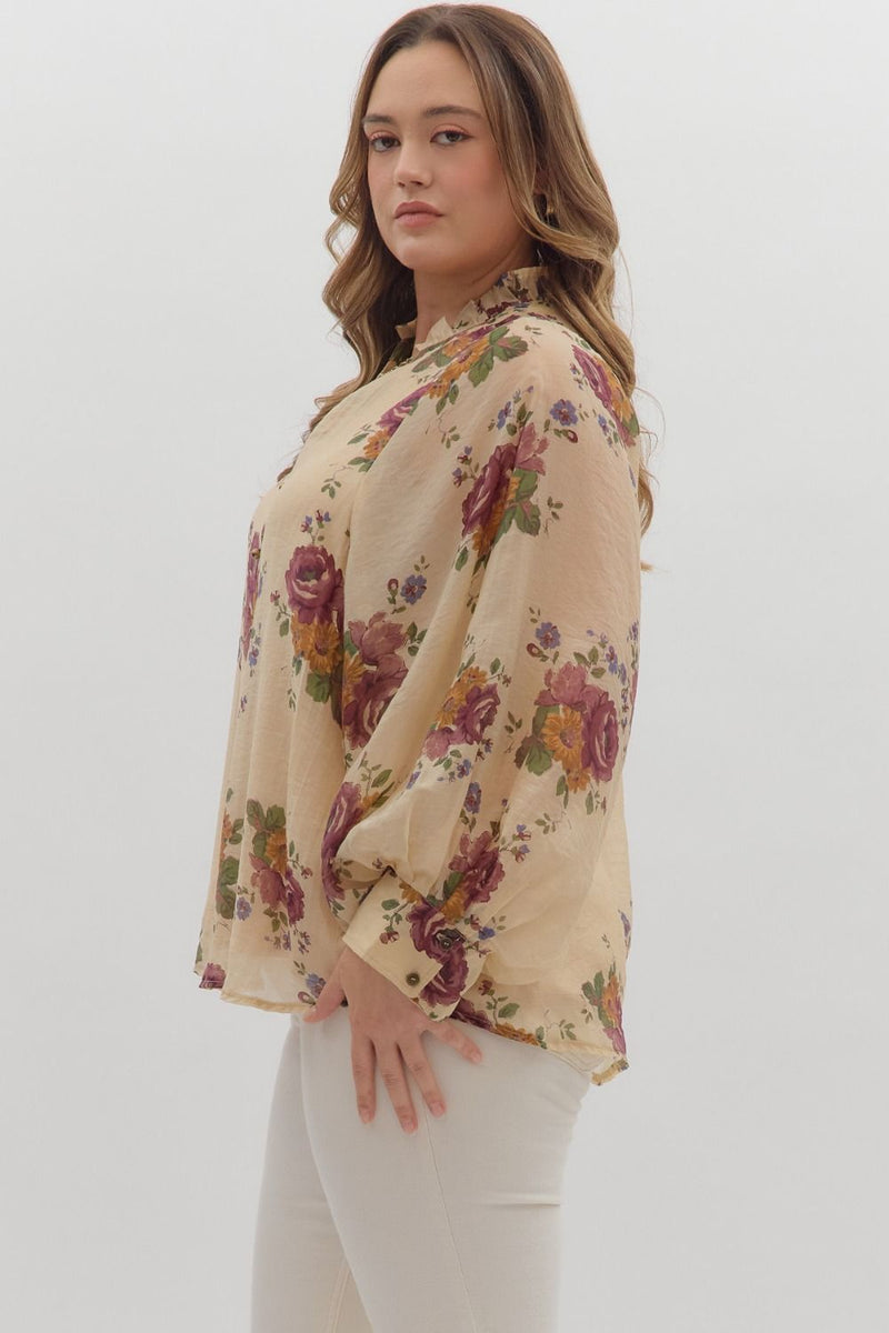 Indy Floral Button Down Top, Ecru | Extended Sizes