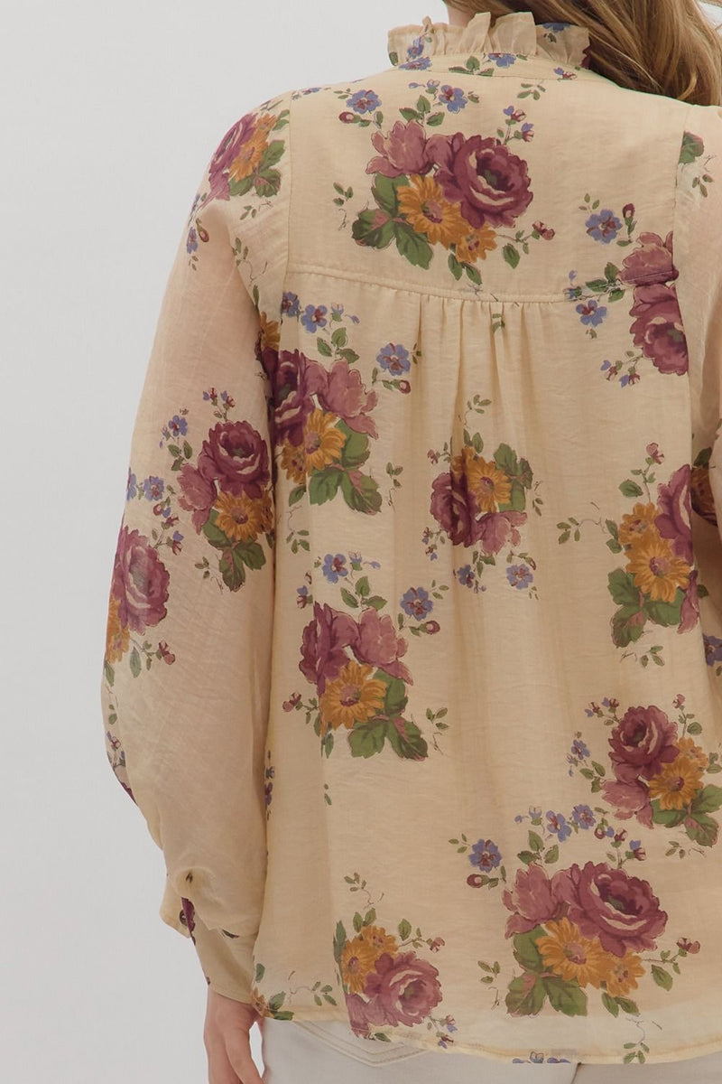 Indy Floral Button Down Top, Ecru | Extended Sizes
