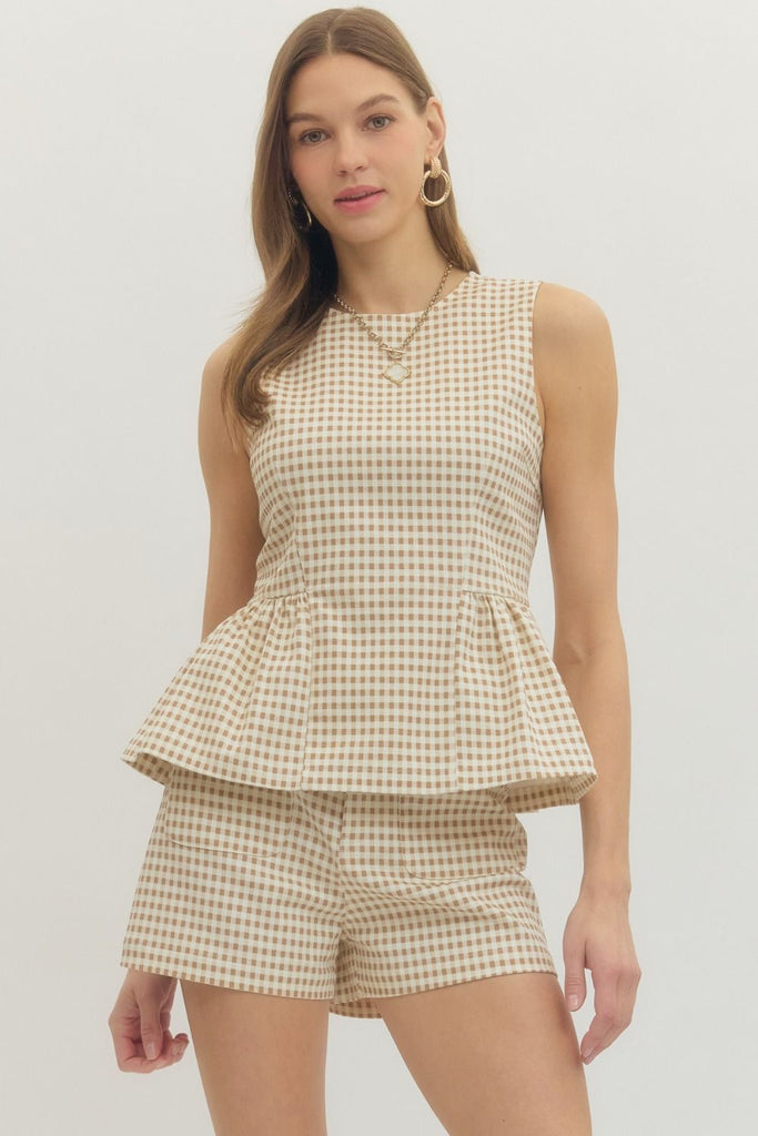 Ariana Gingham Peplum Top, Tan – North & Main Clothing Company