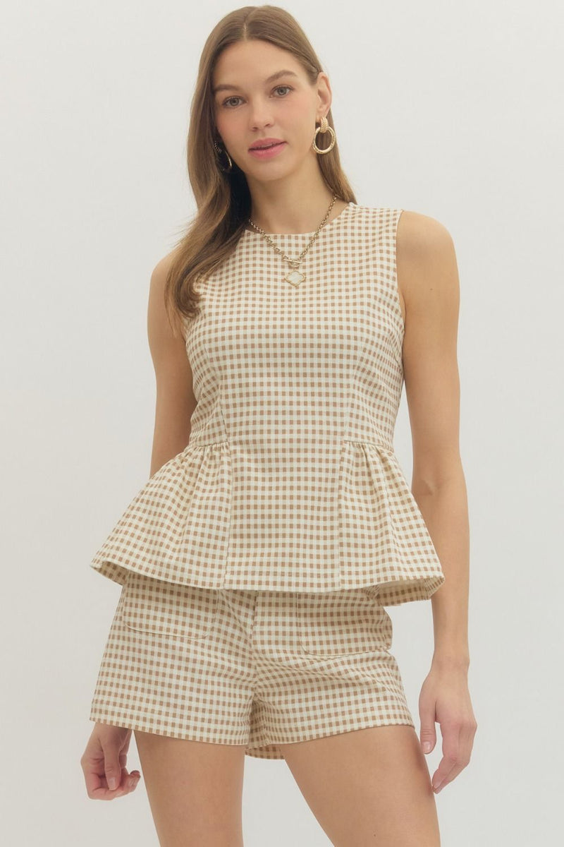 Ariana Gingham Peplum Top, Tan – North & Main Clothing Company