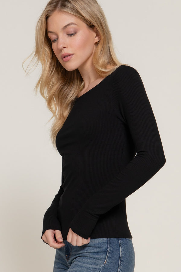 Elowyn Double Layer Rib Knit Tee, Black