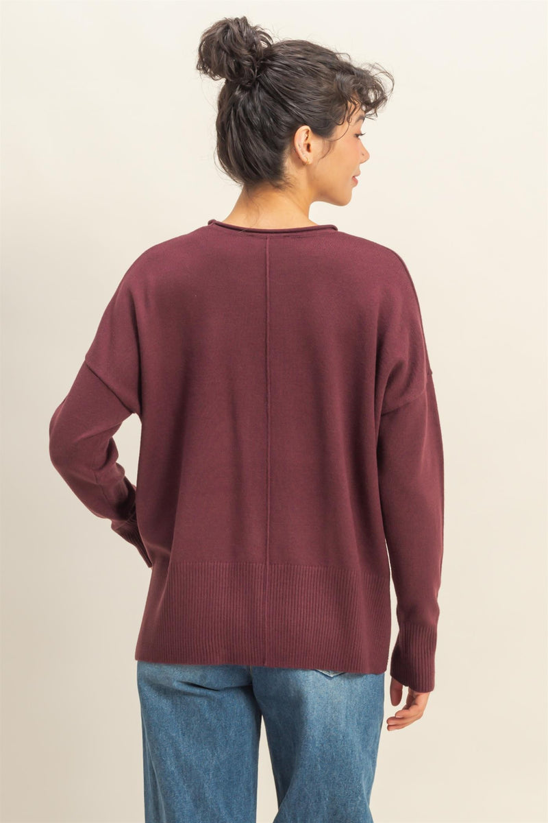 Kenzie Roll Neck Seam Front Sweater, Dark Cherry