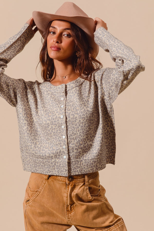 April Leopard Sweater Cardigan, Vintage Oatmeal