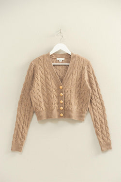 Ellie Gold Button Cable Knit Cardigan, Taupe