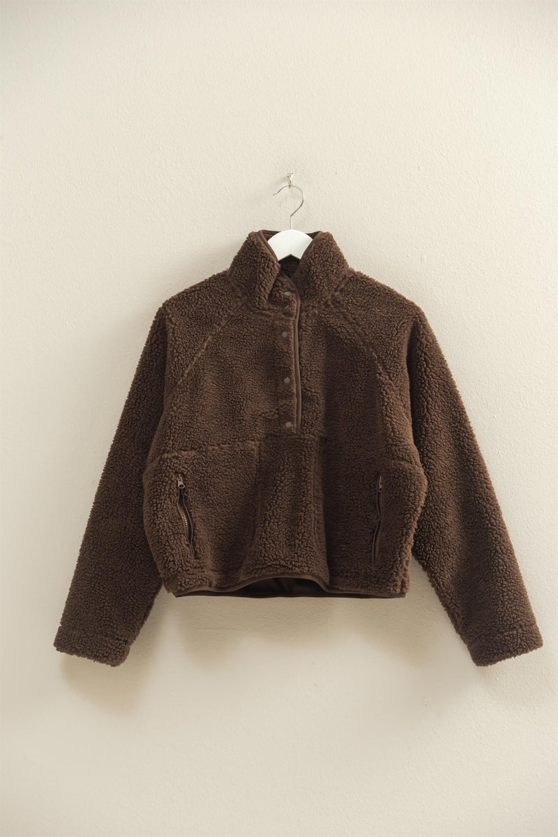 Aria Sherpa Button Neck Jacket, Brown