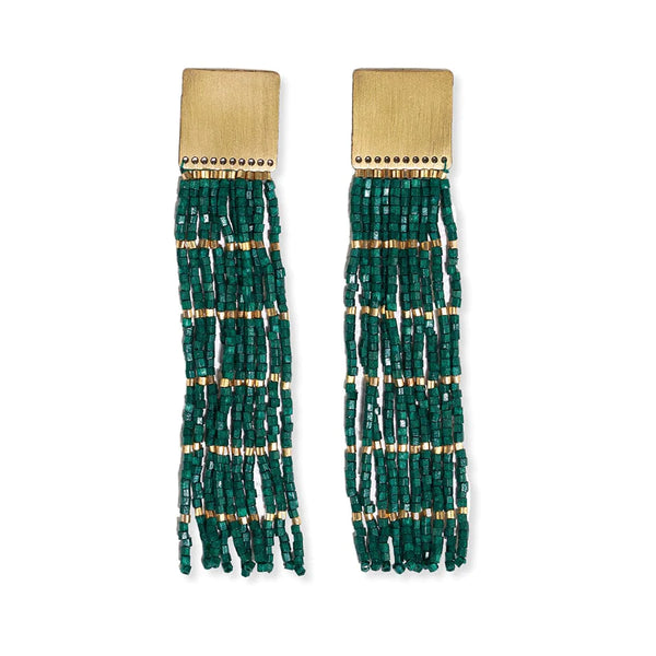Harlow Brass Gold Stripe Beaded Fringe Earrings, Emerald | Ink + Alloy