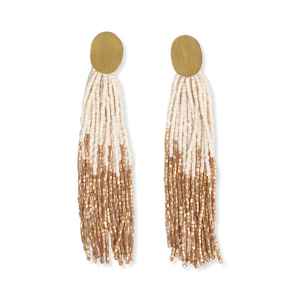 Mae Brass Oval 2-Color Beaded Tassel Earrings, Ivory | Ink + Alloy