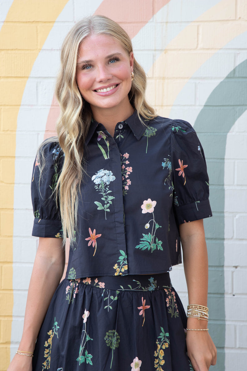 Evelyn Puff Sleeve Floral Print Top, Black