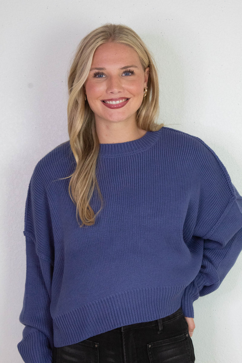 Camila Round Neck Cropped Sweater, Dusty Indigo