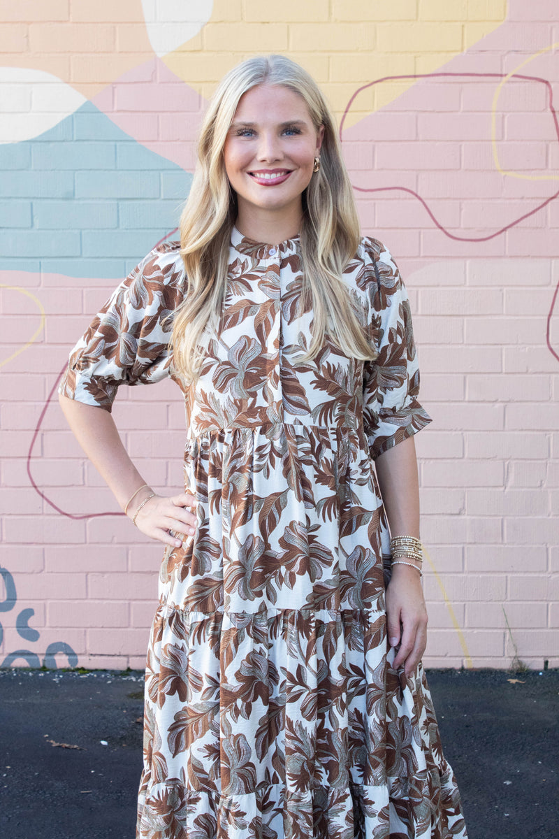 Annie Printed Button Neck Midi Dress, Brown Mix