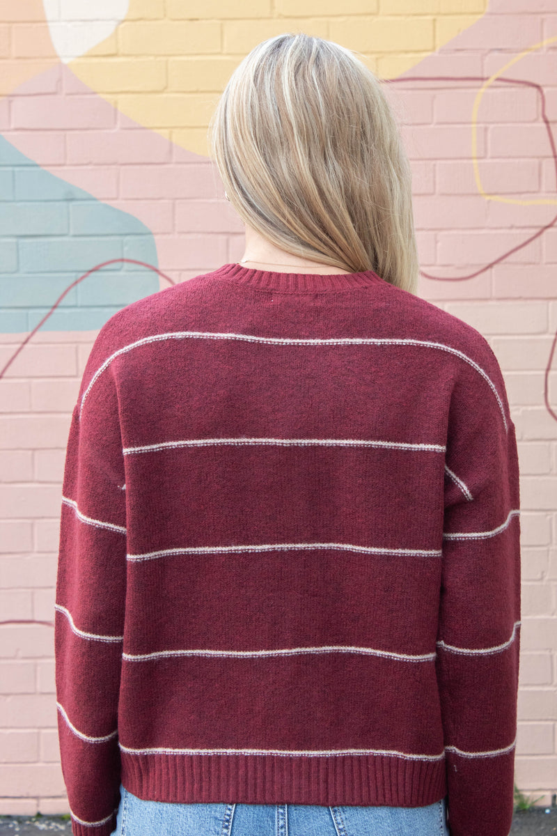 Jade Thin Stripe Button Down Cardigan, Red Wood