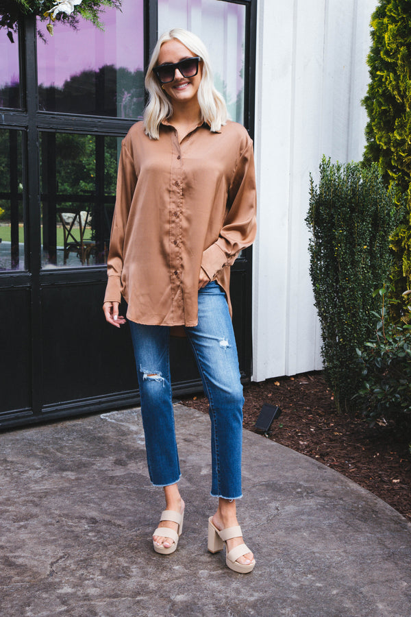 Marlene Satin Button Down Shirt, Mocha