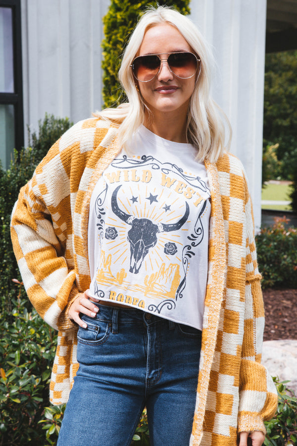 Kenai Checkered Pattern Cardigan, Mustard