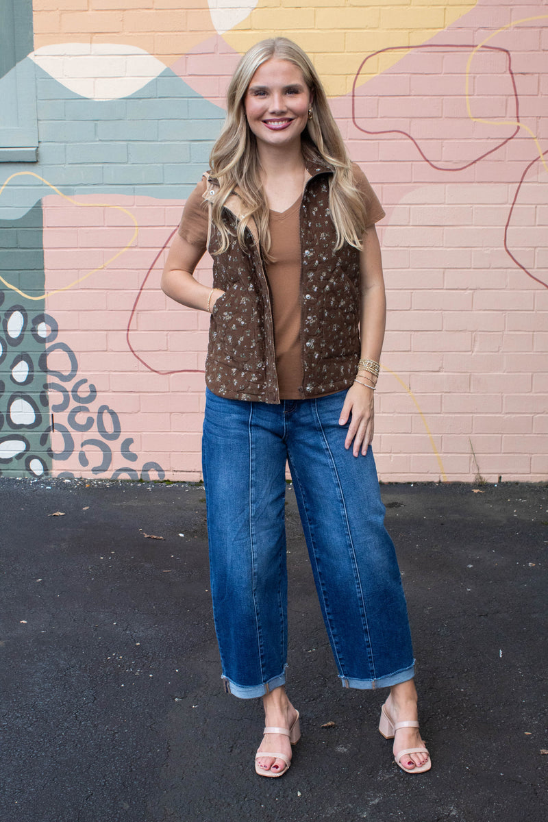 Lia Floral Quilted Puffer Vest, Brown Multi