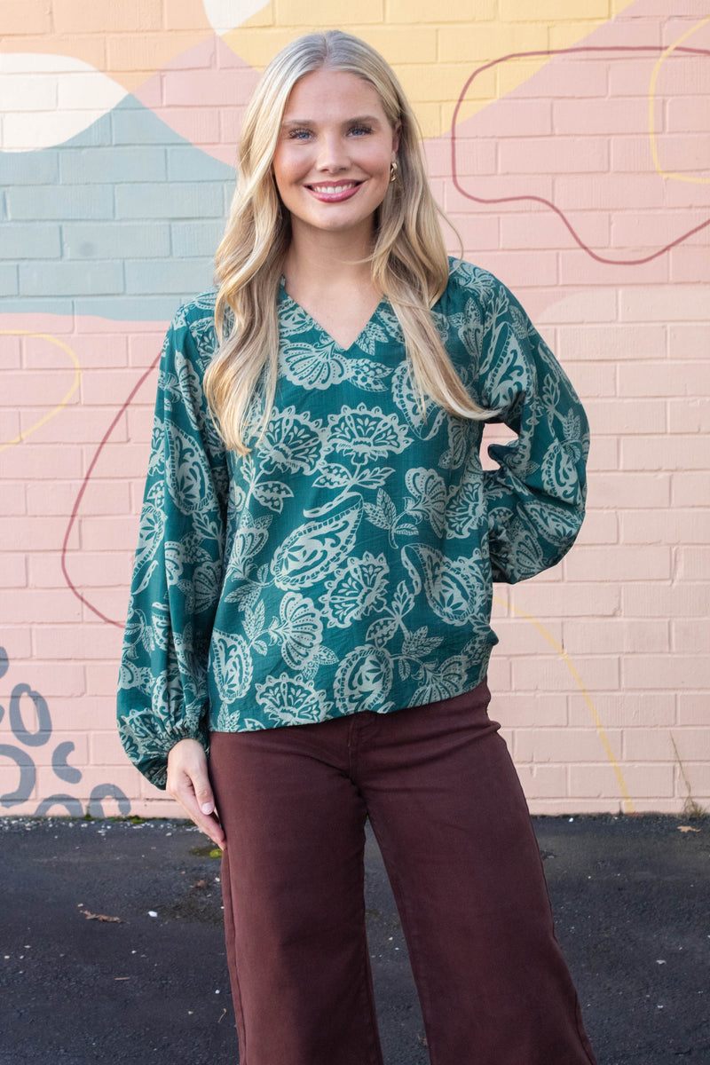 Ariella Balloon Sleeve Blouse, Green