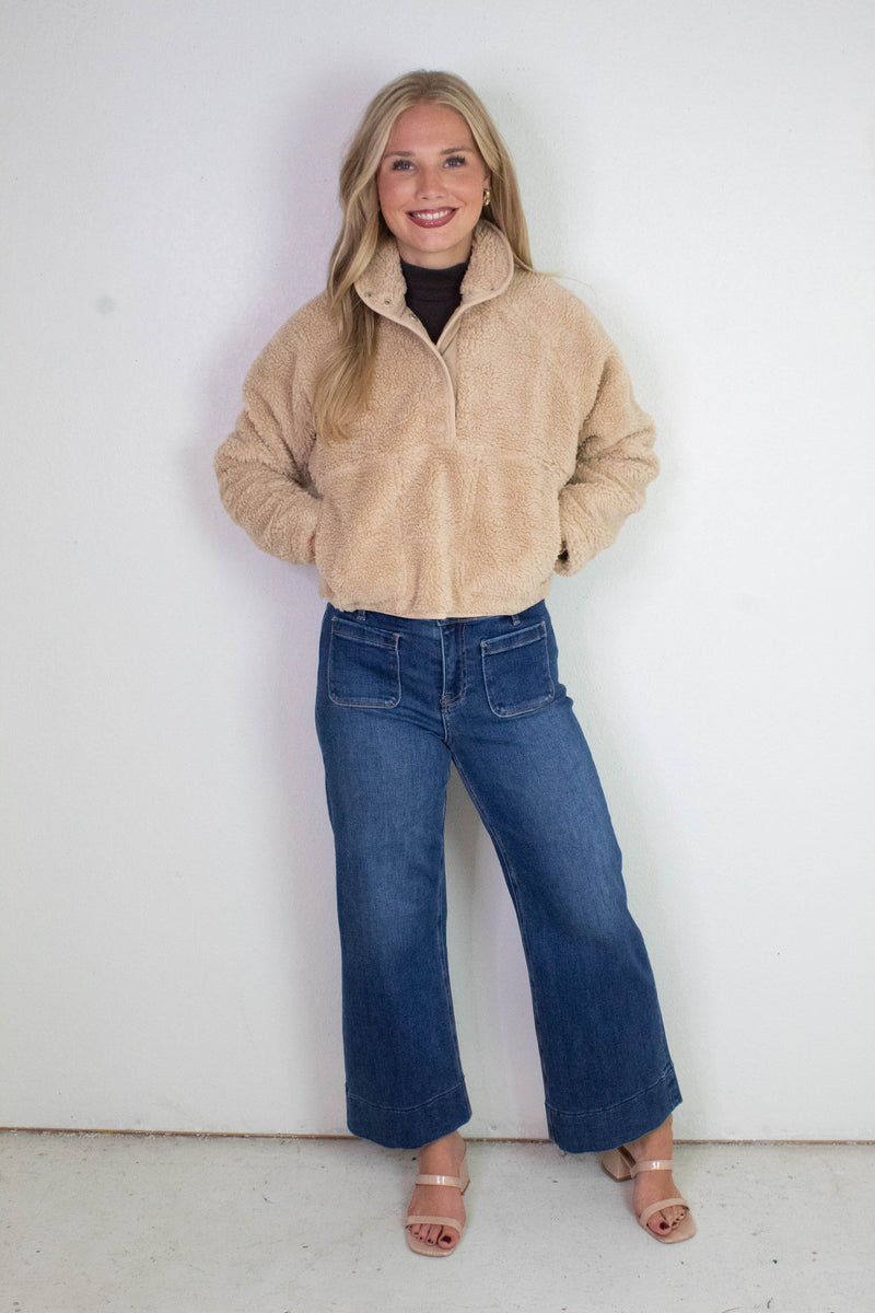 Kaia Crop Wide Leg Patch Pocket Jeans, Dark