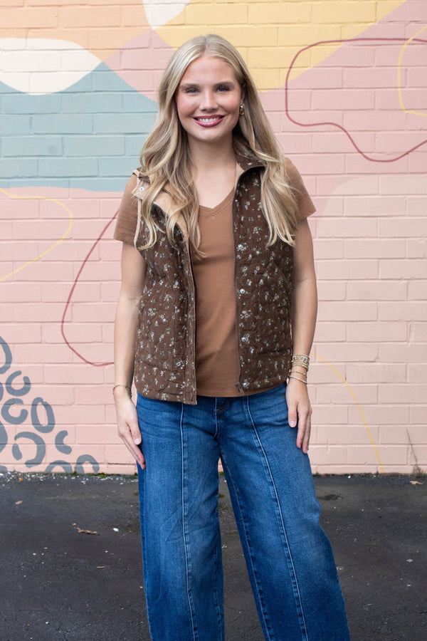 Lia Floral Quilted Puffer Vest, Brown Multi