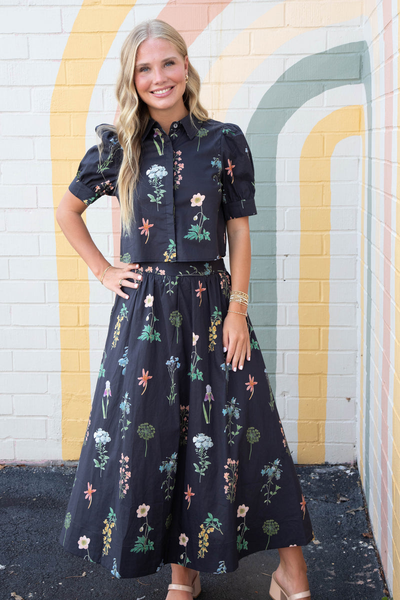 Evelyn Floral Print Midi Skirt, Black
