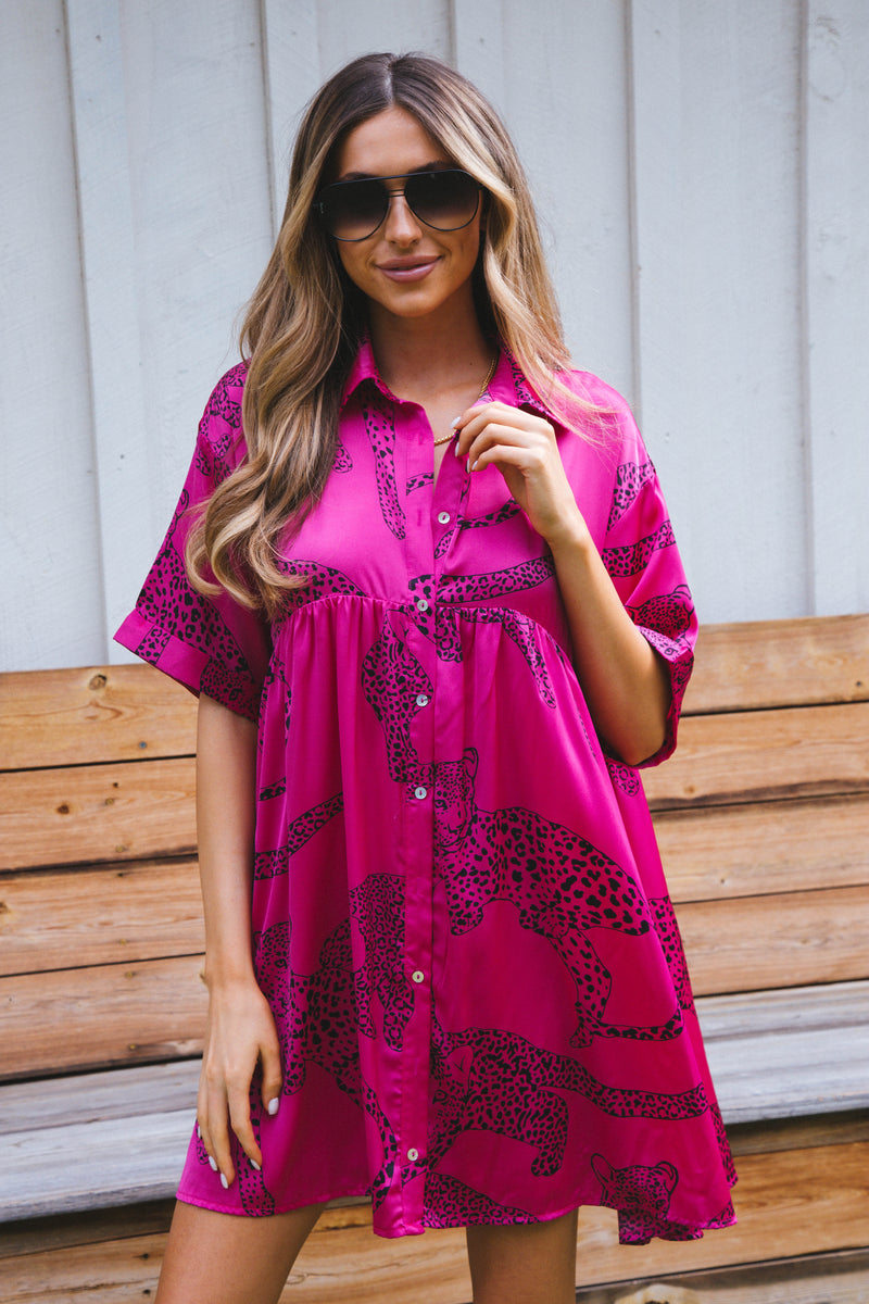 Jada Leopard Satin Dress, Hot Pink | Extended Sizes