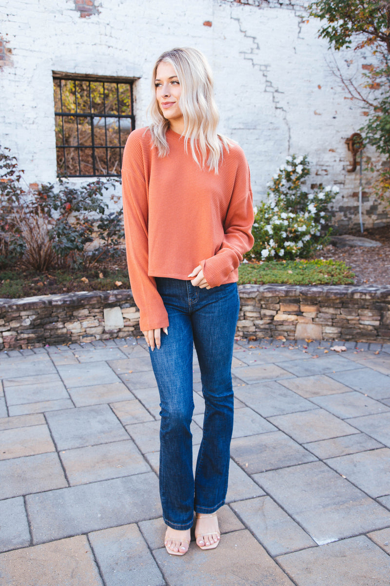 Layla Drop Shoulder Ribbed Long Sleeve Top, Baked Clay