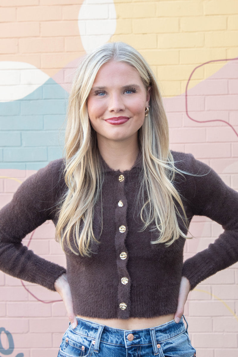 Eva Collared Cropped Cardigan, Brown
