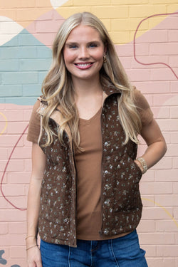 Lia Floral Quilted Puffer Vest, Brown Multi