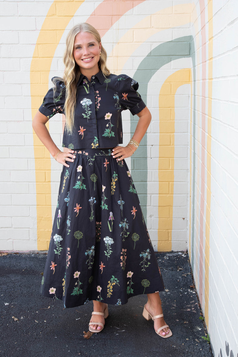 Evelyn Floral Print Midi Skirt, Black