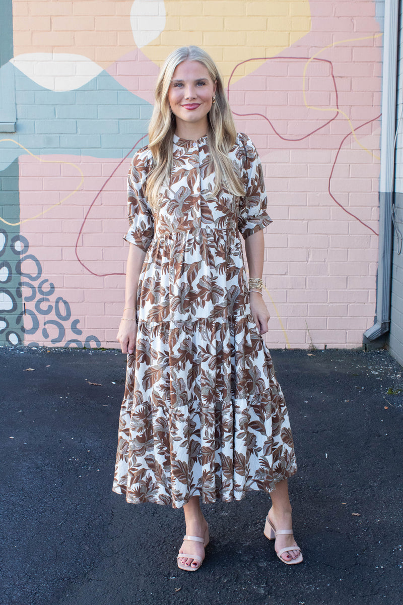 Annie Printed Button Neck Midi Dress, Brown Mix