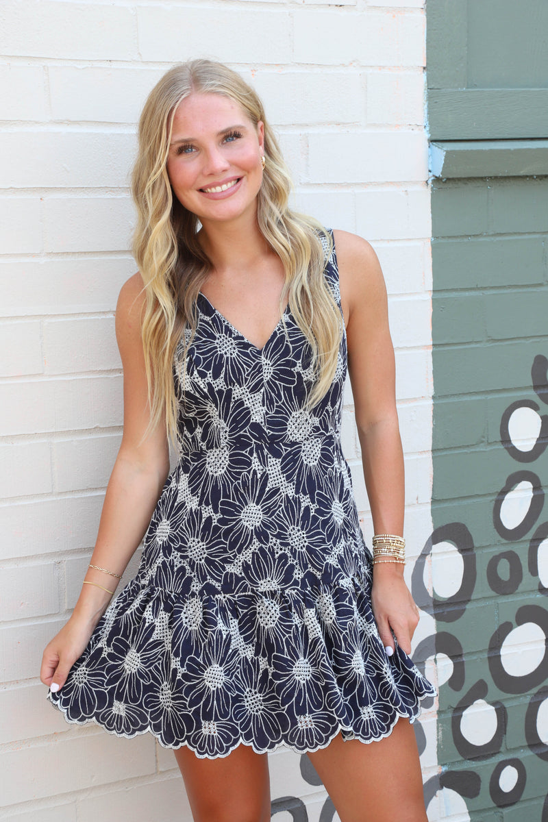 Madelyn Floral Embroidered V-Neck Dress, Midnight
