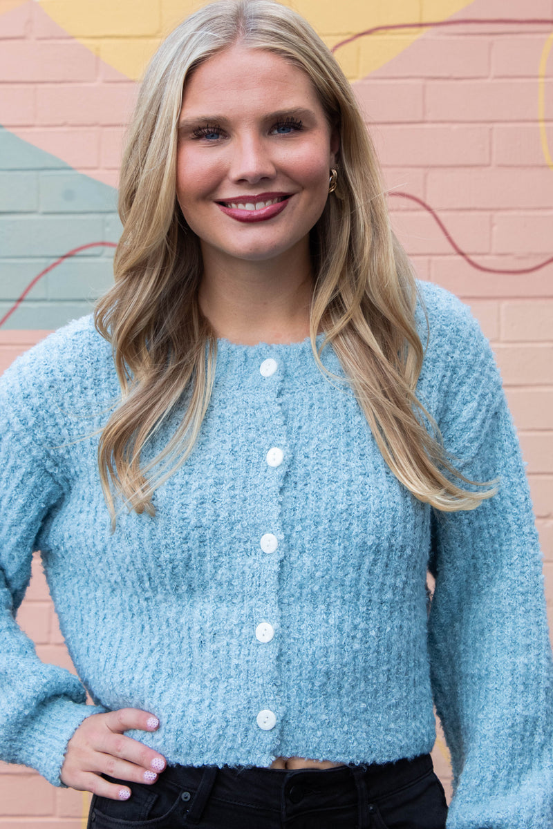 Emberly Fluffy Knit Cardigan, Sky Blue