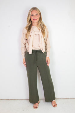 Mariella Brushed Modal Pull On Pants, Dark Olive