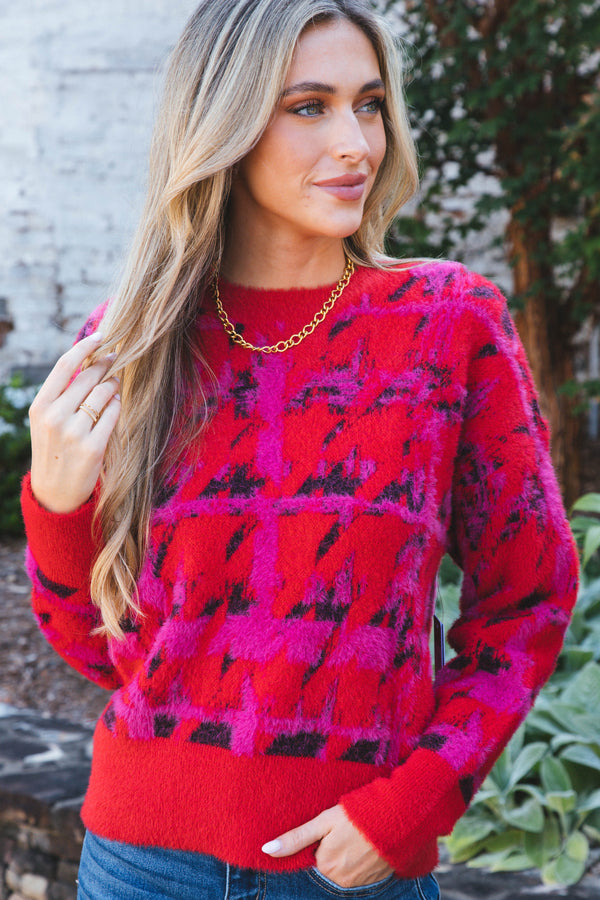 Ujila Houndstooth Sweater, Red Pink | RD Style
