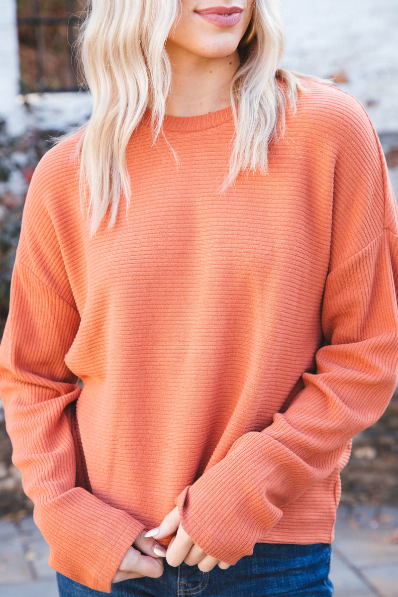 Layla Drop Shoulder Ribbed Long Sleeve Top, Baked Clay