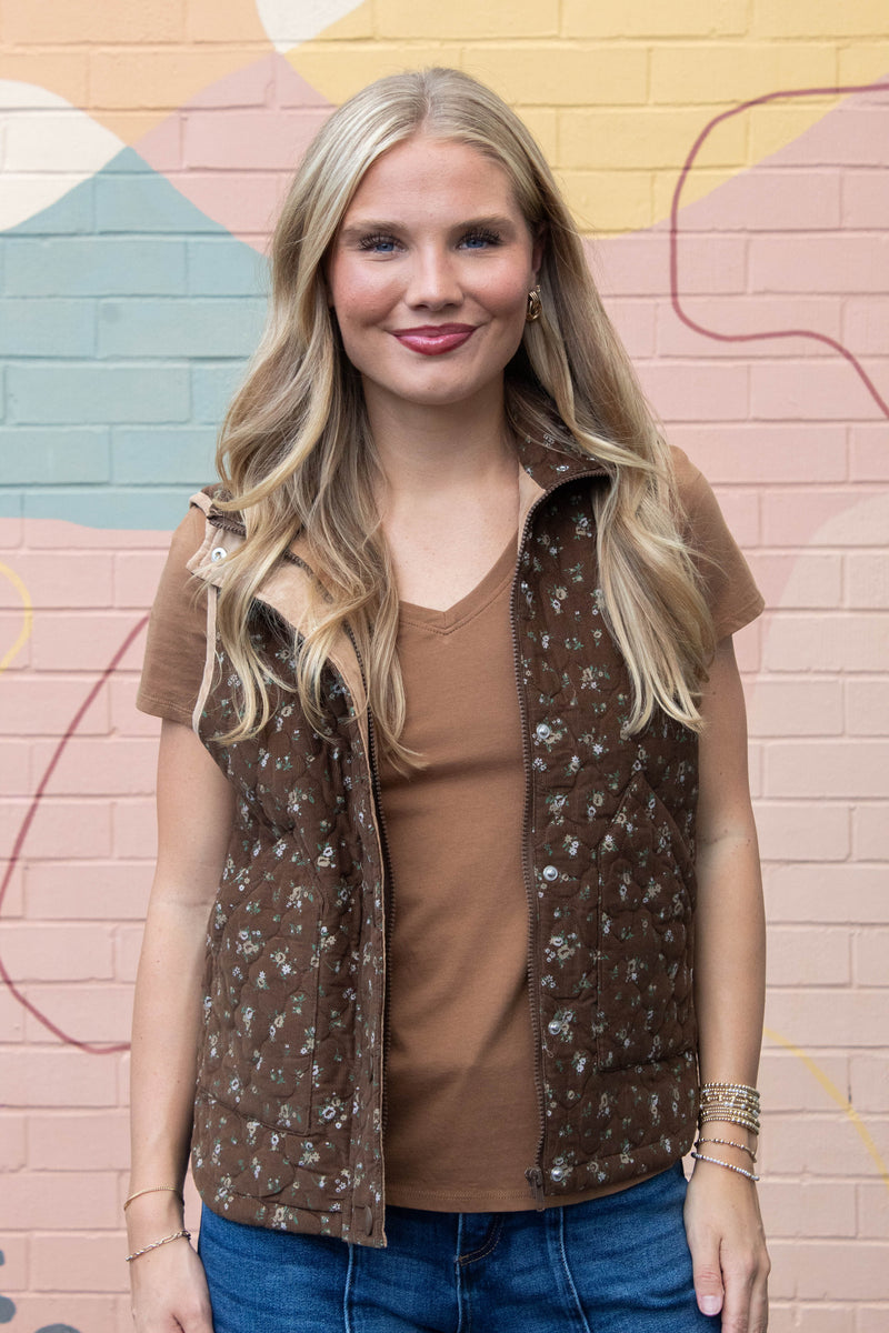 Lia Floral Quilted Puffer Vest, Brown Multi