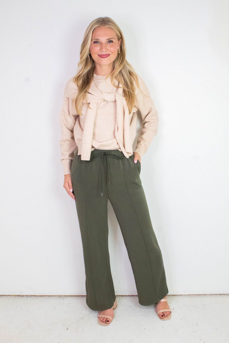Mariella Brushed Modal Pull On Pants, Dark Olive