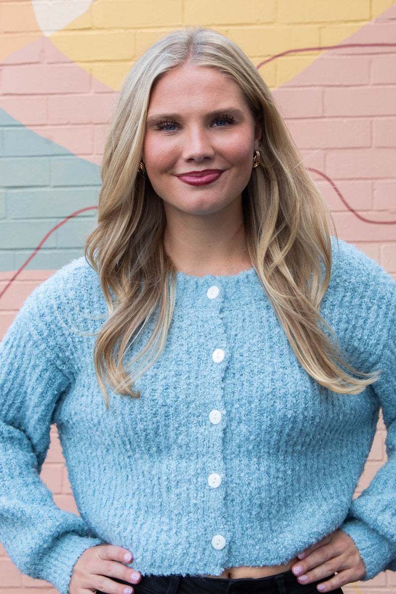 Emberly Fluffy Knit Cardigan, Sky Blue