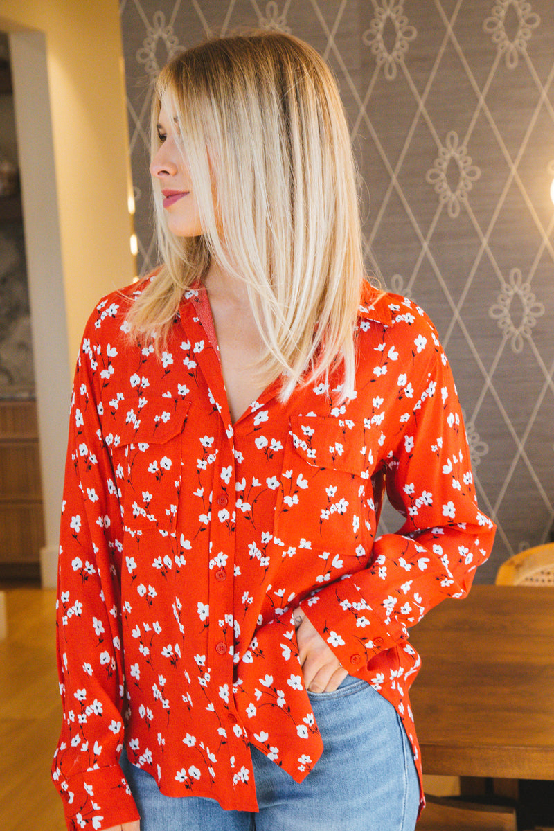Kacia Printed Button Up Top, Red Poppy | Velvet Heart