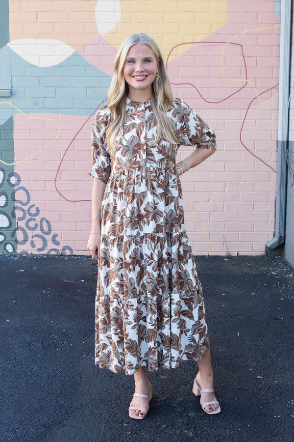 Annie Printed Button Neck Midi Dress, Brown Mix